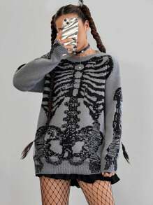 SHEIN Unity Women's Autumn Winter Skeleton Pattern Drop Shoulder Loose Casual Versatile Sweater,Long Sleeve Tops, Knit Pullover Fall - Multicolor - View 4