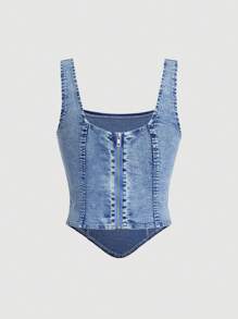 SHEIN X ELOISA & ORSON SHEIN MOD Top de mezclilla sin mangas con cuello cuadrado y bajo asimétrico para mujeres