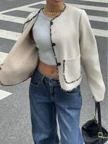 Siren Gaze Women's Casual Solid Color Blended Wool Short Tweed Jacket Fashion Street Leopard Print Patchwork Short Loose Jacket Women's Autumn Coat Winter Spring - Apricot - View 4