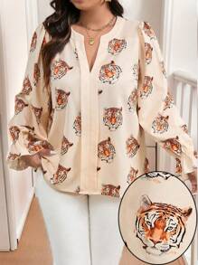 Calvaya Plus Size Women Tiger Head Graphic V-Neck Long Sleeve Decor Casual Blouse, Autumn