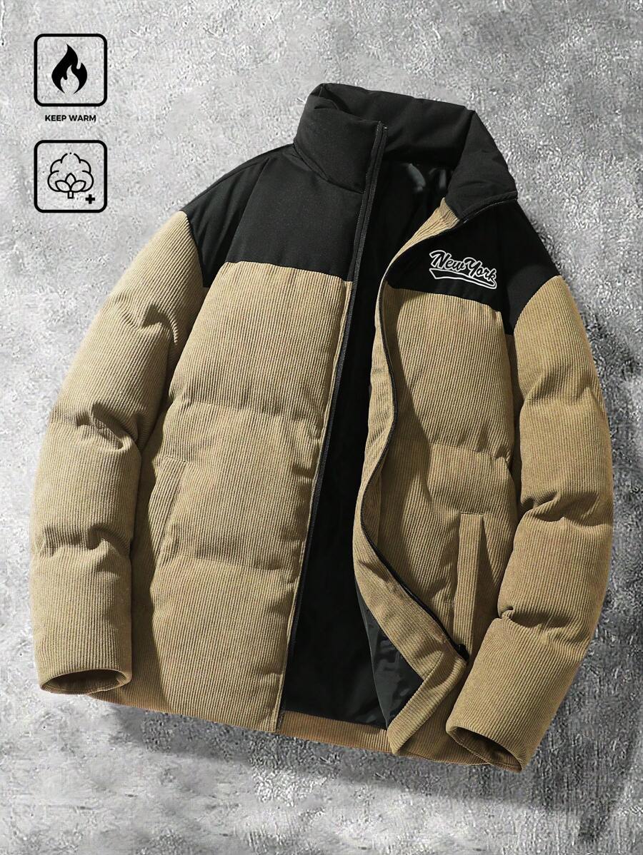 Manfinity Hypemode Herren Kontrast-Farbige Buchstaben-Muster Stehkragen Wattierte Jacke, Cord - Armeegrün - Übersicht 1