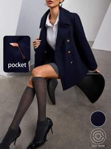 SHEIN Privé 法式通勤直筒双排扣金属纽扣翻领女士大衣，女士深秋优雅双扣常规袖翻领宽松藏青色纯色女士大衣，职业/商务装/工作服