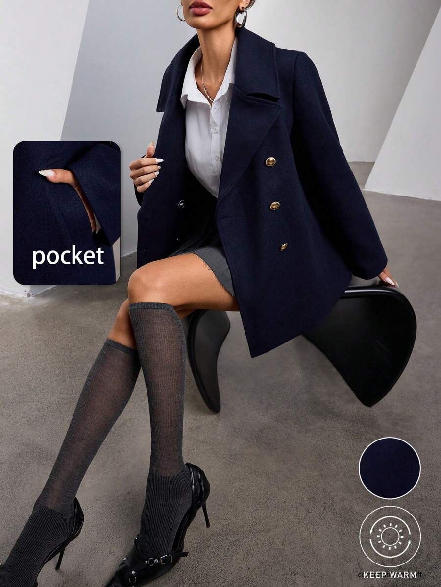 SHEIN Privé 法式通勤直筒双排扣金属纽扣翻领女士大衣，女士深秋优雅双扣常规袖翻领宽松藏青色纯色女士大衣，职业/商务装/工作服