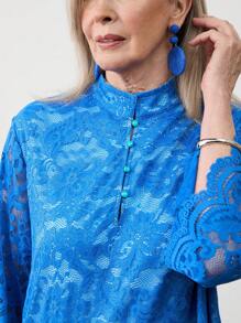 Miaspire Women's Solid Color Stand Collar Lace Patchwork Elegant Long Sleeve Dress