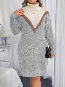 Calvaya Plus Size Jednolity Kolor Patchwork Golf Długi Rękaw Casual Krótki Sweter Sukienka, Na Zimę