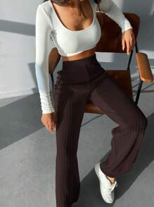 RueChic Solid Ribbed Sweater Pants - Chocolate Brown - View 5