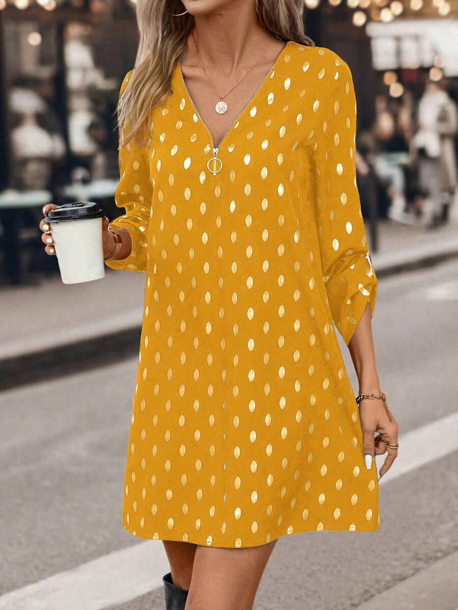 SHEIN Clasi Women's Autumn Zipper V-Neck Sparkle Polka Dot Print Ruffle Cuff Straight Hem Short Dress