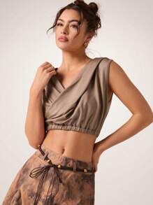 Glamine Women Short Casual Solid Color Knit Hooded Tank Top - Camel - View 4