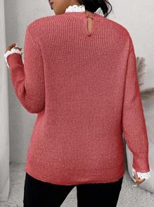 SHEIN Frenchy كنزة صوفية كروشيه كبيرة الحجم نسائية بياقة طاقم مزينة بالدانتيل، موضة وأناقة، للفصل الشتوي - الأحمر - مشاهدة 2