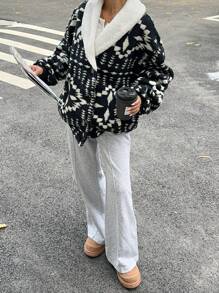 SHEIN Essnce Women's Geometric Pattern Drop Shoulder Loose Fluffy Jacket, Long Sleeve, Autumn/Winter