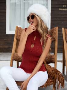 SHEIN VCAY ملابس علوية محبوك بدون أكمام ذو ياقة عالية مزين بالزهور، للارتداء اليومي الكاجوال في فصل الشتاء، ملابس نسائية شتوية، مناسب لفصلي الخريف والشتاء، وأعياد الشكر وعيد الحب والميلاد - الأحمر - مشاهدة 9