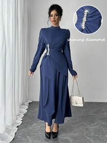 Rafferiza Elegant Blue High Neck Long Sleeve Ruffle Rhinestone & Pearl Dress Maxi Women Outfit - Royal Blue - View 1