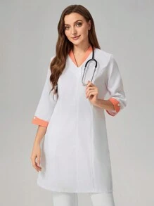 TaskEZ Plain Color Block Long Sleeve Button Simple Casual Nurse Dress Set Scrub Set Nurse Dresses Scrub Tops Scrub Bottoms Lab Coats Scrub Outwear - White - View 1