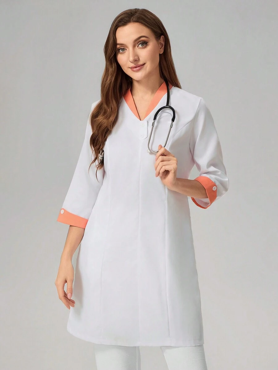 TaskEZ Plain Color Block Long Sleeve Button Simple Casual Nurse Dress Set Scrub Set Nurse Dresses Scrub Tops Scrub Bottoms Lab Coats Scrub Outwear - White - View 1