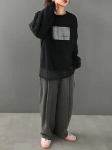 FRIFUL Women's Crew Neck Long Sleeve Solid Color Patchwork Simple Casual T-Shirt,Fall Clothes - Black - View 2