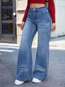 SHEIN Essnce Damen modische Retro Weit-Bein Jeans aus Denim