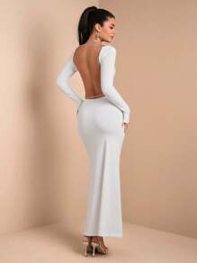 SHEIN BAE Vestido ceñido de manga larga, elegante, de escote en V y espalda descubierta, con cola de pez, de color liso para mujer - Blanco - Ver 2