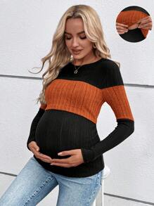 SHEIN Plus Size Maternity Colorblock Long Sleeve Nursing Top, Casual Wiosna/Jesień Ciąża Odzież