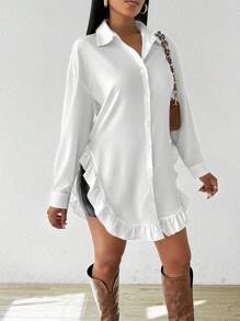 SHEIN LUNE 女士纯色荷叶边装饰纽扣前襟女式衬衫 - 白色 - 查看 6
