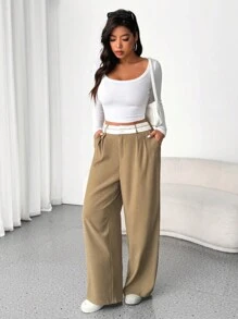 Flirla 大码女式复古宽松翻领直腿休闲西装裤 - 卡其色 - 查看 5