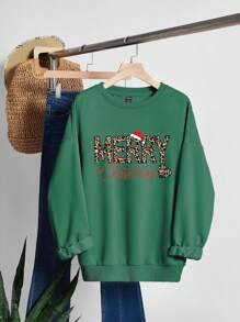 SHEIN EZwear Casual Minimalist Christmas Leopard Print English Text Graphic Round Neck Loose Fit Thick Sweatshirt For Women, Suitable For Autumn/Winter