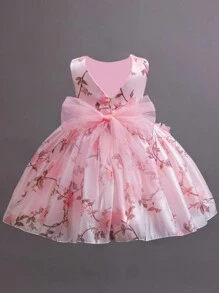 SHEIN Glamorique Kids Partywear 4-seizoenen meisjes jong meisje bloemenmeisje trouwjurk, roze V-rug mesh tule prinsessenjurk, mooie zoete kerstjurk