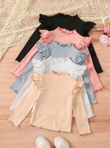 Young Girl Fall/Winter Clothes 5pcs Solid Color Rufflr Lettuce Trim Stand Collar Fitted Casual T-Shirts For Young Girls,Autumn/Winter,Great For Casual & Daily Wear & School In Autumn & Winter,Mom And Daughter Matching , Sweet Fashion & Cute & Comfortable & Versatile - Multicolor - View 2