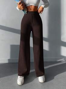 RueChic Solid Ribbed Sweater Pants - Chocolate Brown - View 6