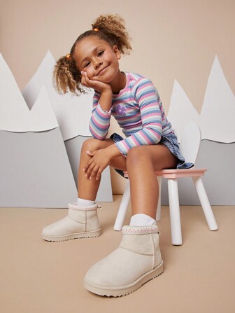 Mini mi Bestseller Beige Enkellaarsjes voor Kinderen met Gevlochten Kraag – Comfortabel, Warm en Stijlvol voor de Winter