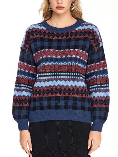 Fairycore Pull ample casual à manches longues, col rond, motif géométrique pour femmes, adapté à l'automne/hiver