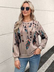 SHEIN LUNE Feather Print Drop Shoulder Sweatshirt,Long Sleeve Tops In Fall/Winter - Multicolor - View 4