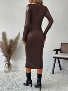 SHEIN Clasi 女士棕色定位印花圆领长袖修身中长连衣裙，秋冬冬季女装优雅女士连衣裙棕色连衣裙长款冬装长袖连衣裙 - 棕色 - 查看 8