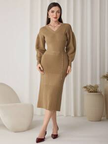 Modelyn Women's Solid Color V-Neck Elegant Long Sleeve Sweater Dress - Camel - View 6