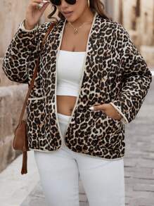 SHEIN VCAY 大码豹纹口袋长袖休闲夹棉外套，适合度假、秋冬季穿着 - 彩色 - 查看 8