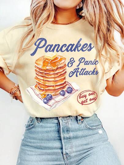 INAWLY 女式复古趣味“煎饼和恐慌症”心理健康图案圆领 T 恤图案 T 恤女式上衣