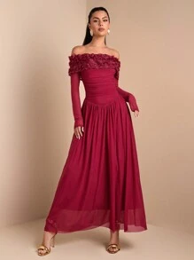 SHEIN BAE Đầm dài bodycon hở vai in hoa gợi cảm thanh lịch lãng mạn cho nữ, thích hợp cho hẹn hò, tiệc tùng, mặc hàng ngày, Giáng sinh, kỷ niệm, phù dâu, đám cưới - Màu Đỏ Sâu - Xem 3