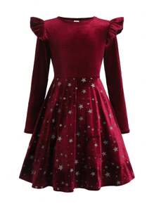 SHEIN Leap Crew Tween Girl Vintage & Cute & Fashion & Elegant Contrast Bling Bling Glitter Star Print Velvet Ruffle Hem Long Sleeve Dress,, Suitable For Christmas - Burgundy - View 3