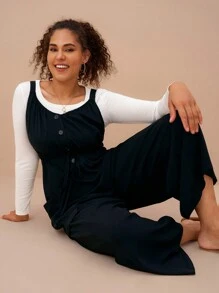 SHEIN VCAY 大码女式宽松黑色休闲收腰连体裤，宽松工装裤，带口袋，休闲连体衣套装 - 黑色 - 查看 1