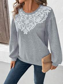 SHEIN LUNE Women's Casual Lace Long Sleeve Sweatshirt, Holiday Wear