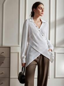 Chiquease 别致不对称下摆开衩裹腰修身 V 领独特纹理面料长袖衬衫优雅商务休闲女士 - 白色 - 查看 8