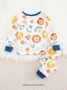 Cozy Pixies 2pcs Baby Boy Snug Fit Pajama Set, Cartoon Animal Pattern Knitted Soft Crew Neck Long Sleeve Top & Long Pants