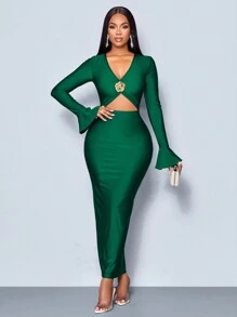SOLERSUN Winter Clothes For Women Holiday Clothes Christmas New Years Green Color V Neck Openwork Cut Out Front Ruffle Long Sleeve Long Dress Maxi Women Outfit