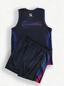 Manfinity Sport Corelite Bộ đồ thể thao nam kiểu Boyfriend gồm áo tank top cổ chữ V in số và quần short, thích hợp cho tập gym và tập luyện. - màu đen - Xem 2