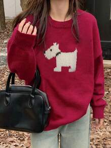 DAZY Women Loose Fit Round Neck Dog Pattern Knit Sweater,Fall Clothes Christmas,New Year