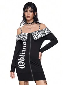 ROMWE Grunge Punk Y2K Style Sexy Cross Slogan Print Off-Shoulder Zebra-Striped Lapel Crop Top Bodycon Mini Dress - Black and White - View 4