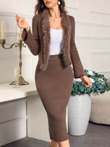 Mulvari Women Solid Color Fluffy Splice Long Sleeve Top And Mini Skirt Elegant 2 Pieces Set 2 Pieces Set