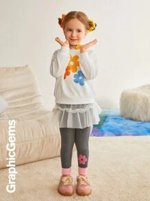 年轻女孩花卉印花松紧腰休闲紧身裤 - 灰色 - 查看 5