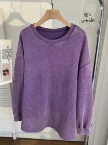 SHEIN EZwear Plus Size Round Neck Long Sleeve Minimalist Sweatshirt, Everyday Casual - Purple - View 3