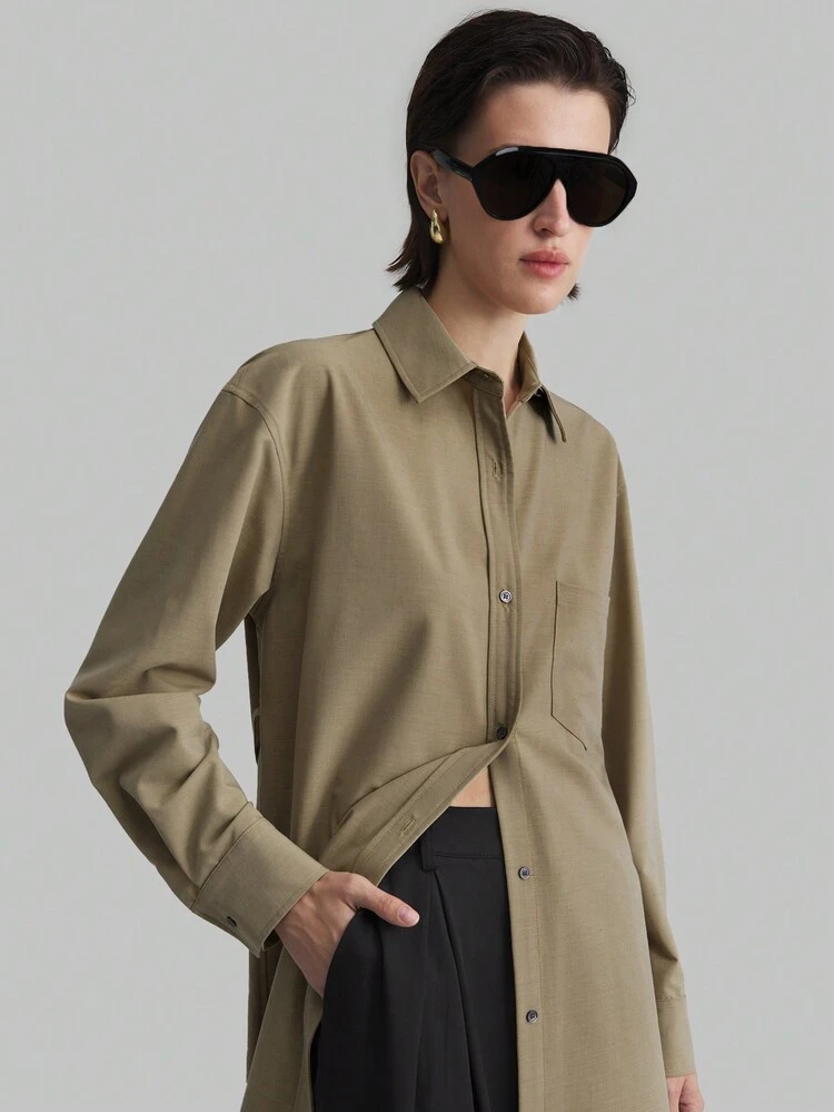 Turndown Collar Long Sleeve Mid-Length Basic Casual Beige Shirt, New Year French Style Long Sleeve Top, Outer Wear, Holiday, Containing 3% Wool, Daily Wear Long Sleeve Shirt, Mid-Length Beige Ladies Shirt, Turndown Collar Long Sleeve Long Shirt, Autumn/Winter