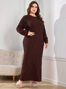 Mulvari Plus Size Crew Neck Twist Rope Detail Long Sweater Dress, For Winter - Coffee Brown - View 4